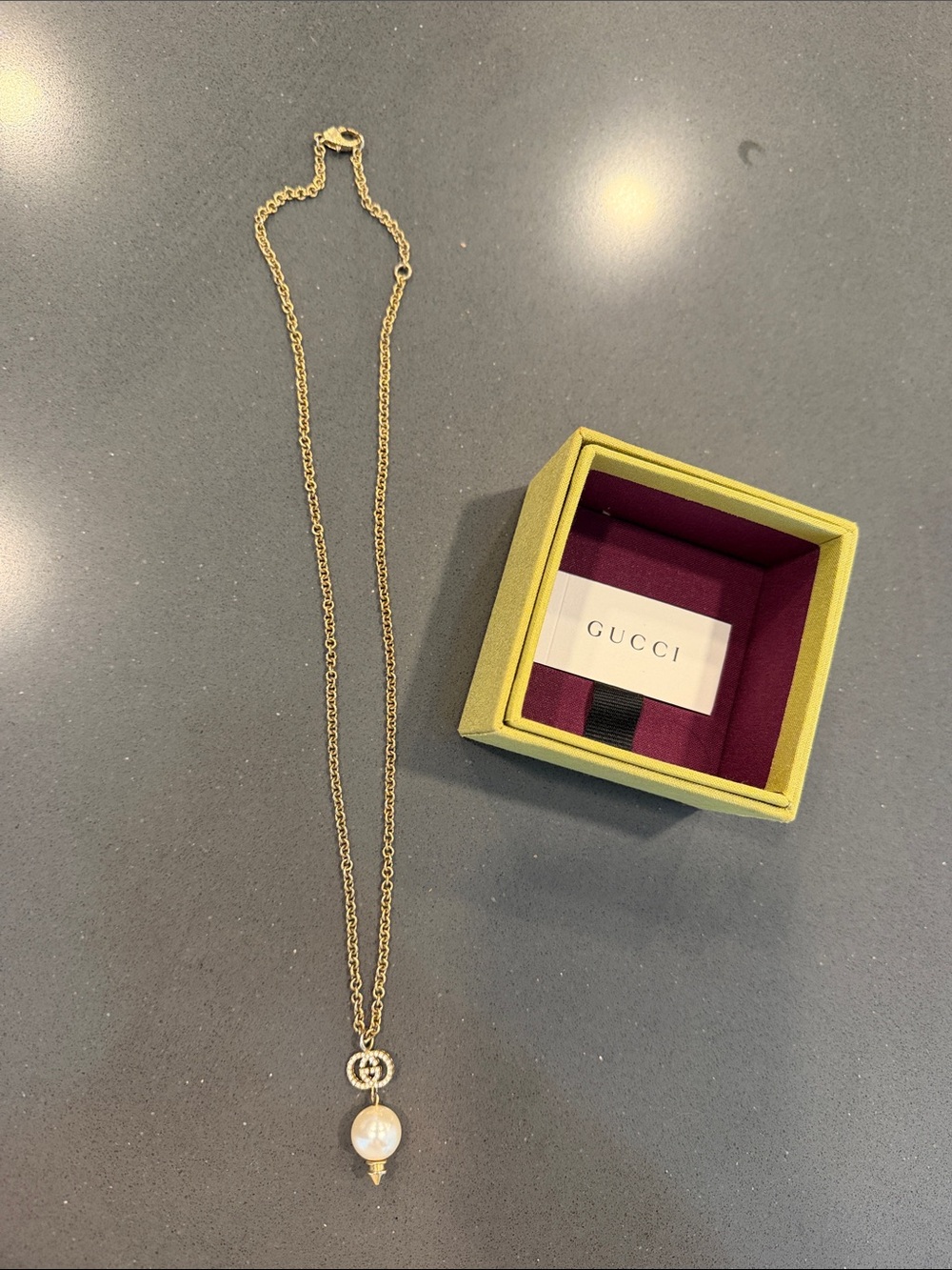Gucci Gold Tone Pearl Drop Necklace with Interlocking G